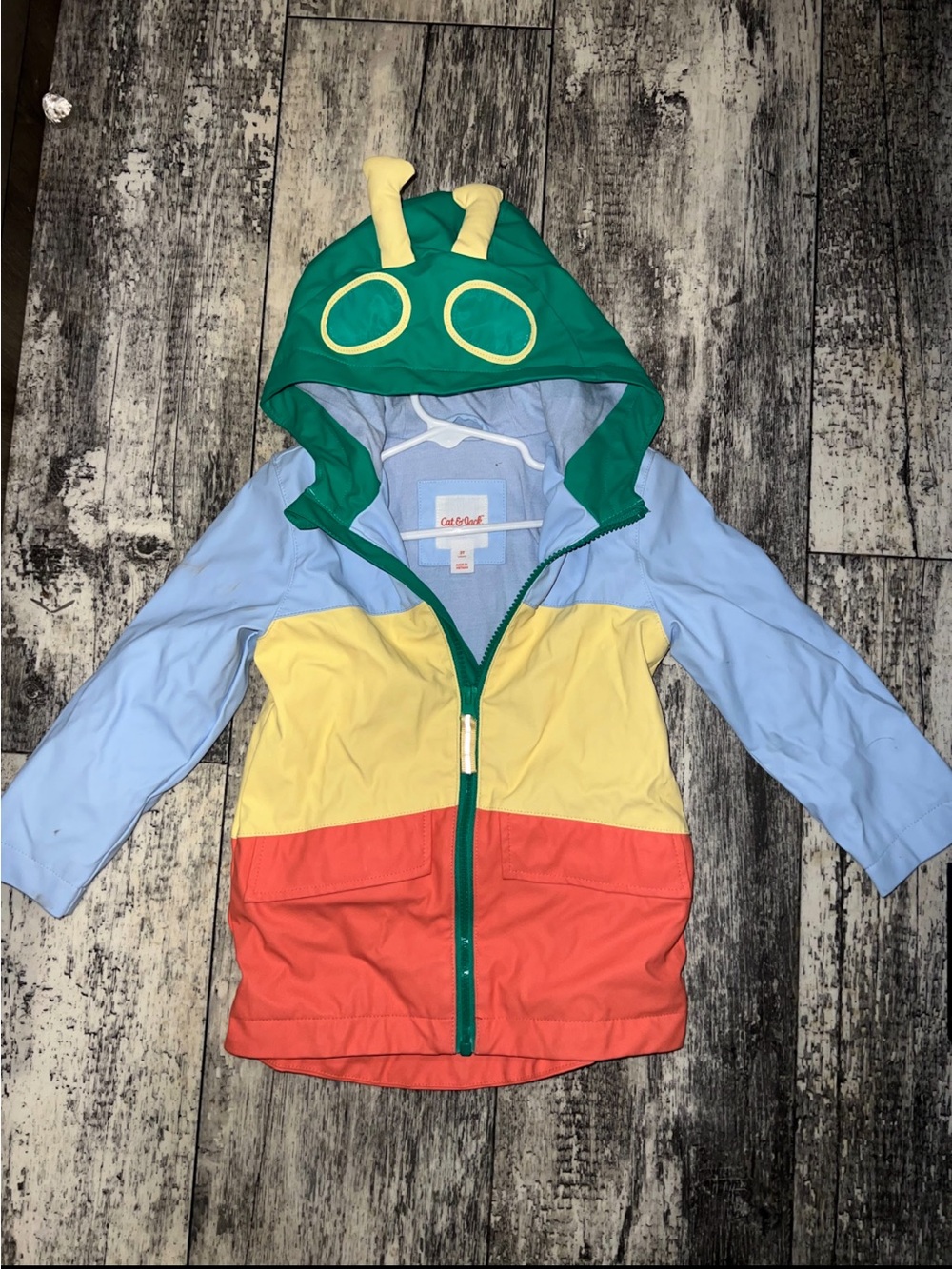 Cat & Jack Green/Yellow/Red Colorblock Caterpillar Hooded Raincoat